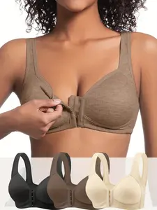 3-Pack Seamless Push-Up Comfortable Elegant Lingerie, All-Season Front Buckle Design, Wedding Beach Wireless Everyday Bra, Adjustable Straps, Medium Support