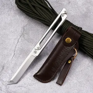 Portable EDC multifunctional tactical outdoor folding knife and pocket knife. Made entirely of steel with a leather sheath; outdoor cutting tools designed specifically for climbing and fishing; essential gear for camping and hiking.