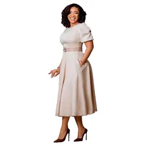 Women’s Elegant Waist-Controlled American African Dress Round Neck Hem Puff Sleeve Womenswear