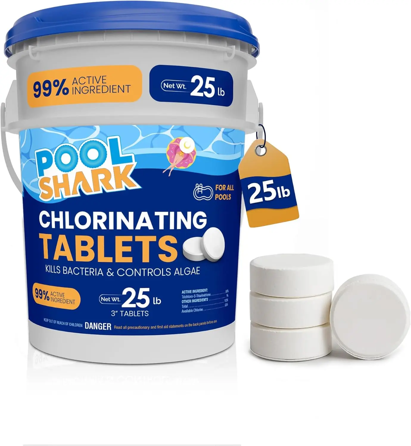 Pool Shark Swimming Pool Chlorine Tablets | 3-Inch Chlorine Tablets | 25 lbs | Slow-Dissolving 90% Active Chlorine Tabs | Pool Chemicals for Inground Pools, Above Ground Pools, Saltwater, Spa, Hot Tub