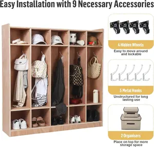 Wood 5-Section Classroom Coat Locker Organizer - 10 Cubbies, 4 Casters, 5 Hooks, 2 Storage Boxes - Indoor Wardrobe Furniture for Classrooms, Daycare
