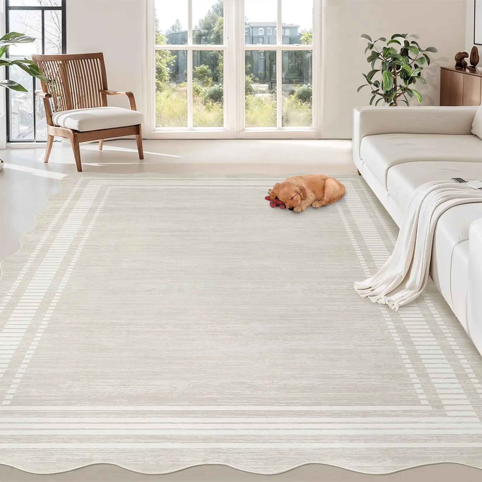 【GARVEE】Modern Scalloped Area Rug 9x12 - Large Washable, Non-Slip, Soft Low-Pile Carpet for Living Room, Bedroom, Dining Room, and Home Office in Beige