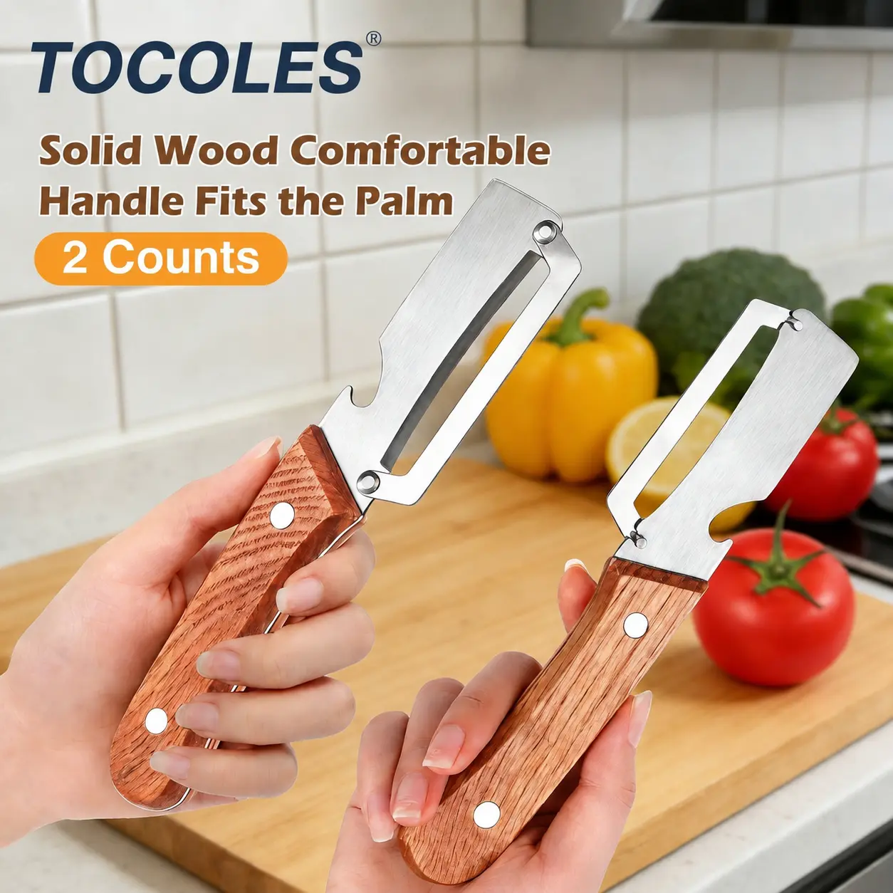 2-in-1 Vegetable & Fruit Peeler with Stainless Steel Blade and Bottle Opener, Wooden Handle Kitchen Tool for Potatoes, Apples, Zucchini, Papaya & Pumpkin