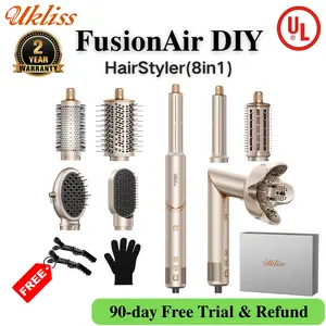 UKLISS FusionAir DIY HairStyler Airstyler Champagne Gold 90-Day Free Trial & Refund 2 Year Warranty 110000RPM HairCurler + HairStraightener + HairDryer + HotAirBrush + LowTemperatureHairCare + NegativeIons + BlowoutBoost + HairDiffuser + Fluffier