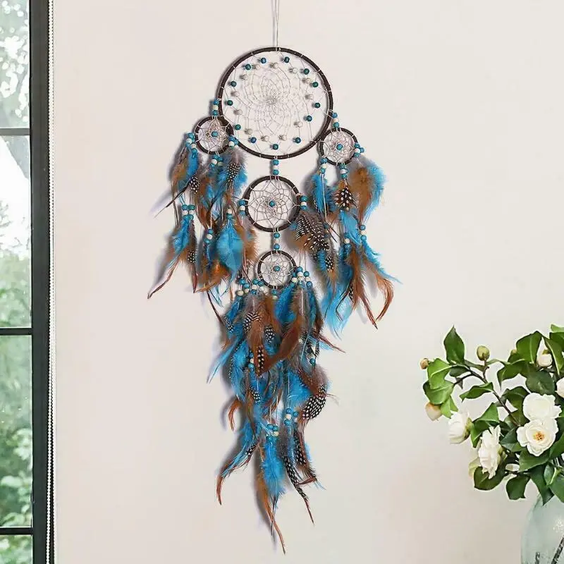 Large Dream Catchers Blue 5 Circles Feathers, Handmade Indians Traditional Circular Net for Wall Hanging Decor, Bedroom Kids, Home Decoration Wedding Party Blessing Christmas Thanksgiving Gift bedroom decor kids room