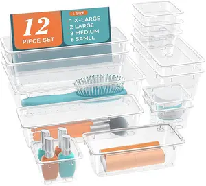 12-Piece Drawer Organizer Set, 4 Sizes Clear Plastic Makeup Vanity Organizer for Makeup, Stationery, Gadgets, Kitchen, Bathroom, Office, Bedroom Boxes