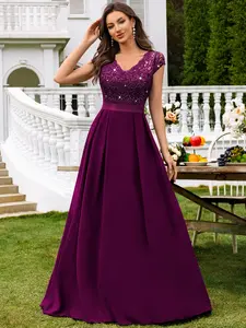 MIUSOL 54406A V Neck Sequin Floral Lace Cap Sleeve Chiffon Pleated Hem Evening Party Maxi Dress, Elegant Chic Party Dress For Women, Formal Evening Gown, Prom Dress, For Wedding Guest, Graduation, Dinner, Elegance, Formal Wear, Lady