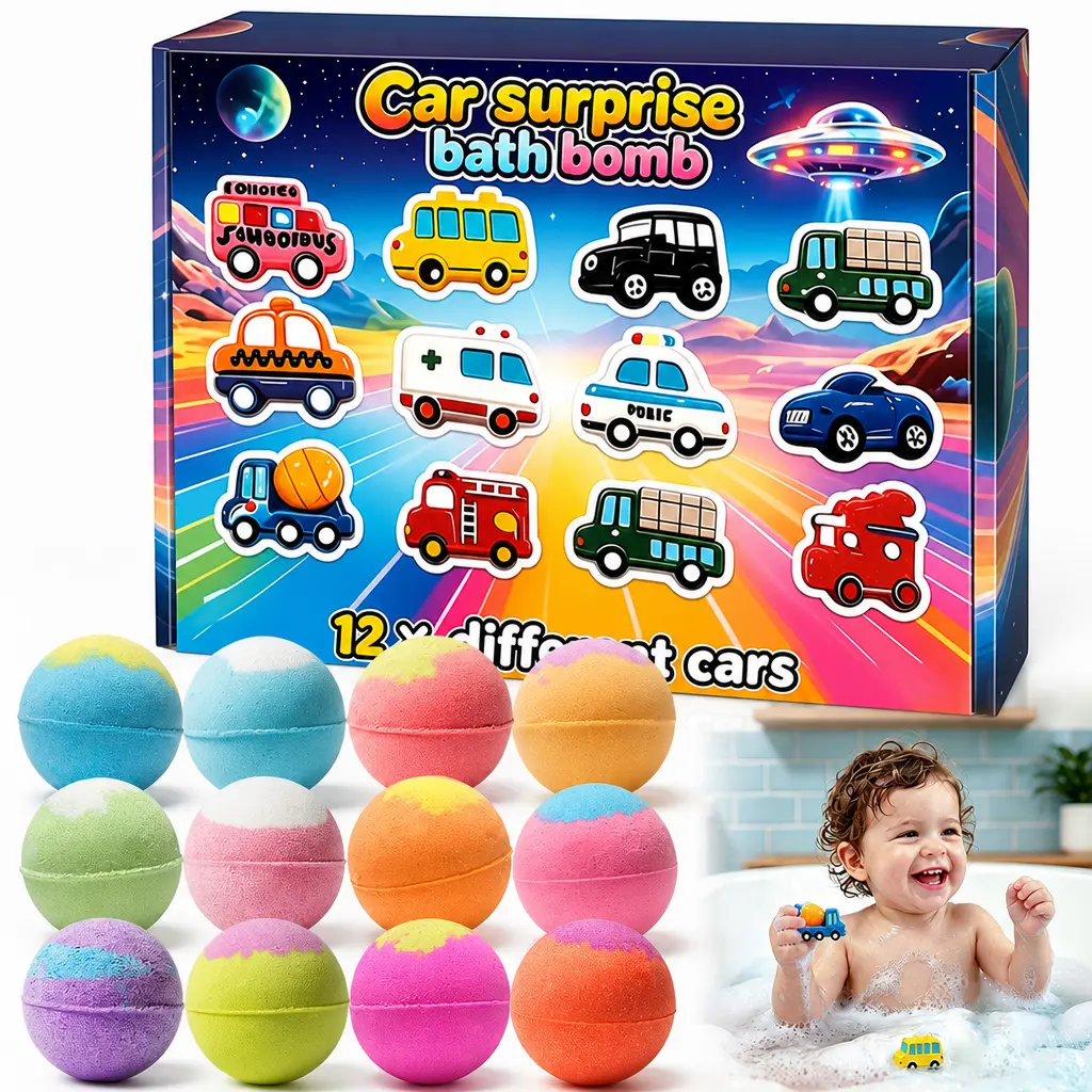 Kids' Scented Bright Car Bath Bombs Gift Set (12 Pack) - Bath Product with Surprise Collectible Mini Toy Cars, Aroma Fizzy Body Care for Boys 3-8