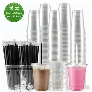 16oz Clear Plastic Cup with Straw & Lid, 50 Sets Disposable Coffee Cup, Disposable Tableware for Party & Takeaway Drink, Plastic Clear Cups