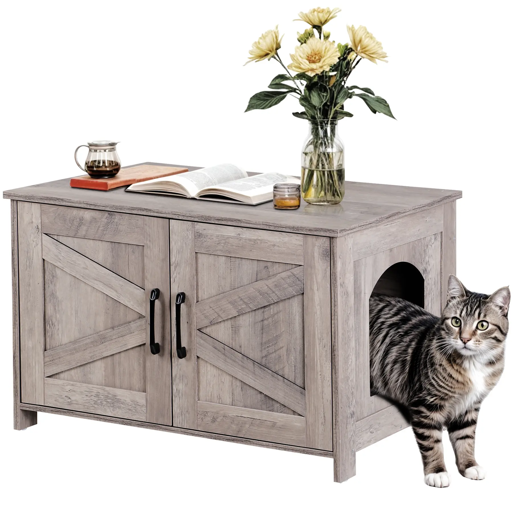 Farmhouse Style Large MDF Wood Litter Box Covered Enclosure - 32.3lbs Rustic Home Decor Hidden Cat Washroom with Greige Barn Double Doors, Storage Cabinet Side Table, Odor Control, Private Space, Convenient Details, Easy to Install