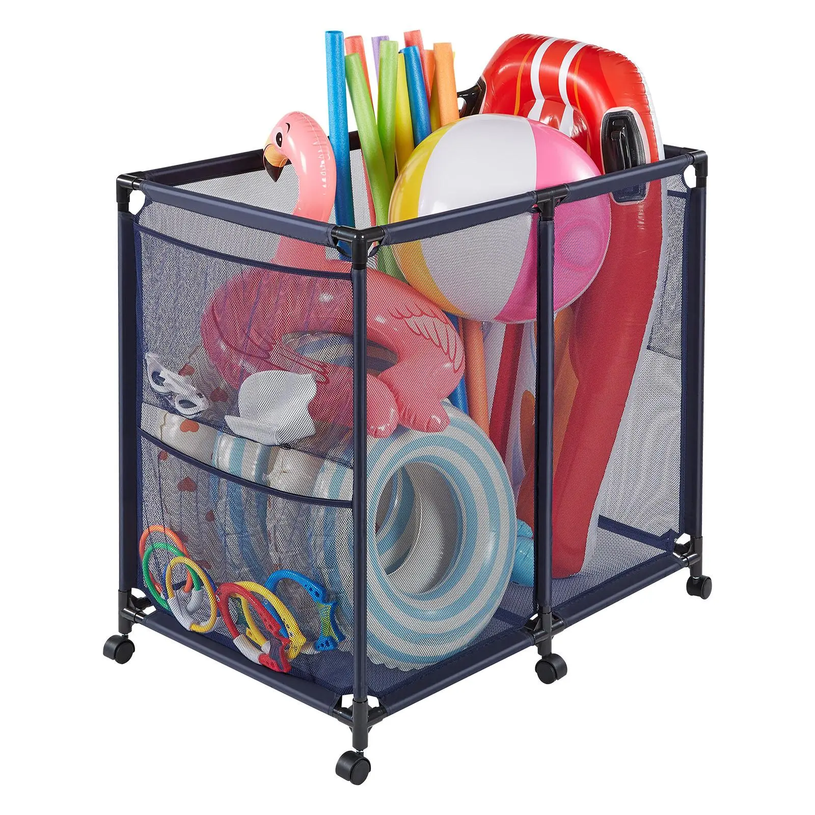 【Summerfinds】VEVOR Pool Storage Bin,36.8 x 24 x 35.6 inRolling Pool Float Storage Organizer with Side Pockets & CastersHeavy Duty Metal FramePoolside Toys Noodles Holder Mesh Basket for Swimming Pools