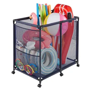 VEVOR Pool Storage Bin, Summervibes,Summervibes, 36.8 x 24 x 35.6 in, Rolling Pool Float Storage Organizer with Side Pockets & Casters, Heavy Duty Metal Frame, Poolside Toys Noodles Holder Mesh Basket for Swimming Pools