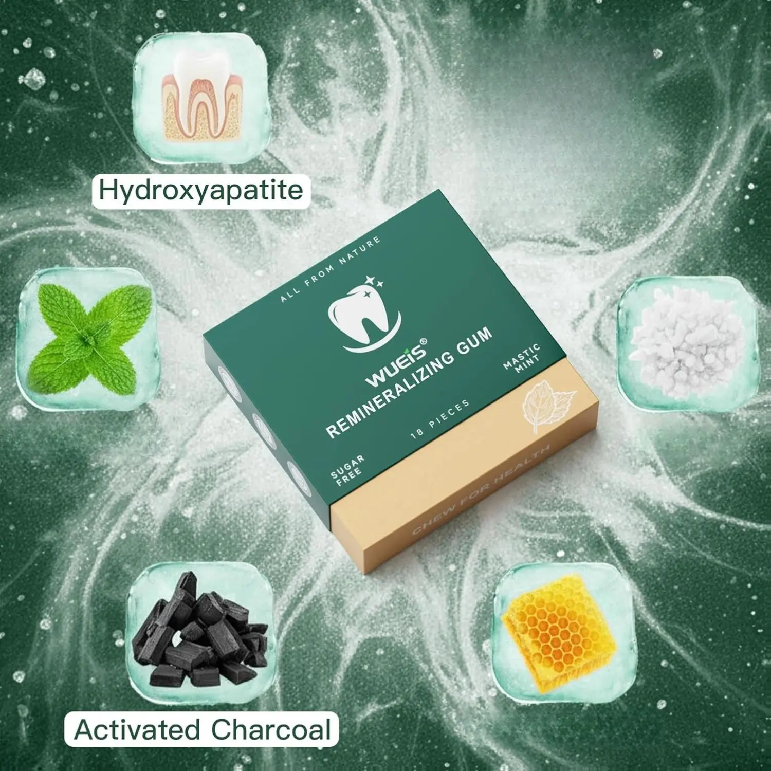 WUEIS Remineralizing Gum with Xylitol Hydroxyapatite Natural Mastic Mint Chewing Gum for Oral Care Sugar Free Gluten Free 18 Count Pack of 4 Mastic Mint Healthcare