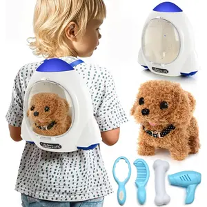 Electronic Interactive Plush Puppy - Battery Operated Mechanical Walking Little Pet Dog with a Cute Bag, Barking, Tail Wagging, Stretching Companion Animal for Toddlers & Kids (Brown)