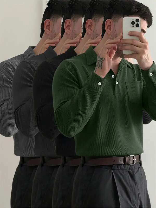 4-pack men’s corduroy long-sleeve polo shirts for spring/fall, loose casual fit, versatile for business travel, summer business style, Soho Chic