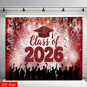 2D Flat Polyester Banner, Firework Print with Red Glitter Graduation Caps for Class of 2026, Reusable Birthday & Party Decor for Home, Garden