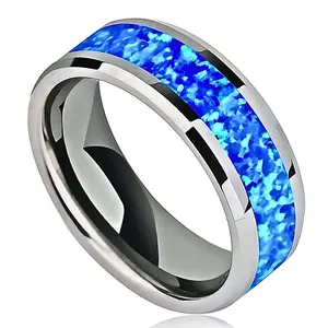 8mm Fashion Stainless Steel Ring for Men/Women with Faux Blue Opal Men's Wedding Ring Engagement Jewelry Accessories Gifts