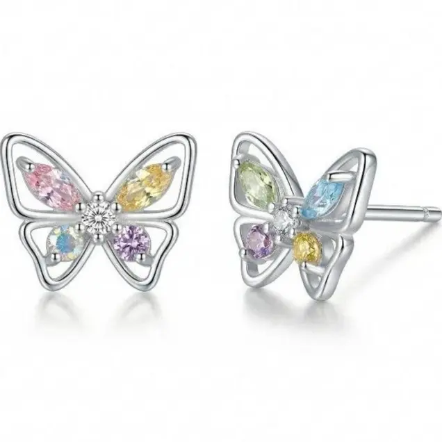 Female Casual Daily Women's Silver-Plated Butterfly Earrings - Openwork Frame, Multi-Color Gemstones, Lightweight Costume Jewelry for Friends, Sister, Sparkling Ear Jewelry, Stud Earrings, Bling Effect, Jewelry Stack