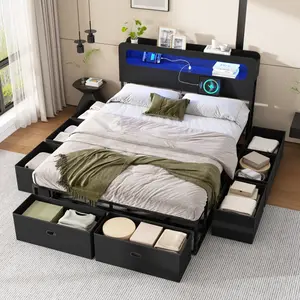 Queen Size Bed Frame with 8 Storage Drawers & LED Light Headboard, Metal Queen Platform Bed with Charging Station, USB Port & Type C, No Box Spring Needed, Black