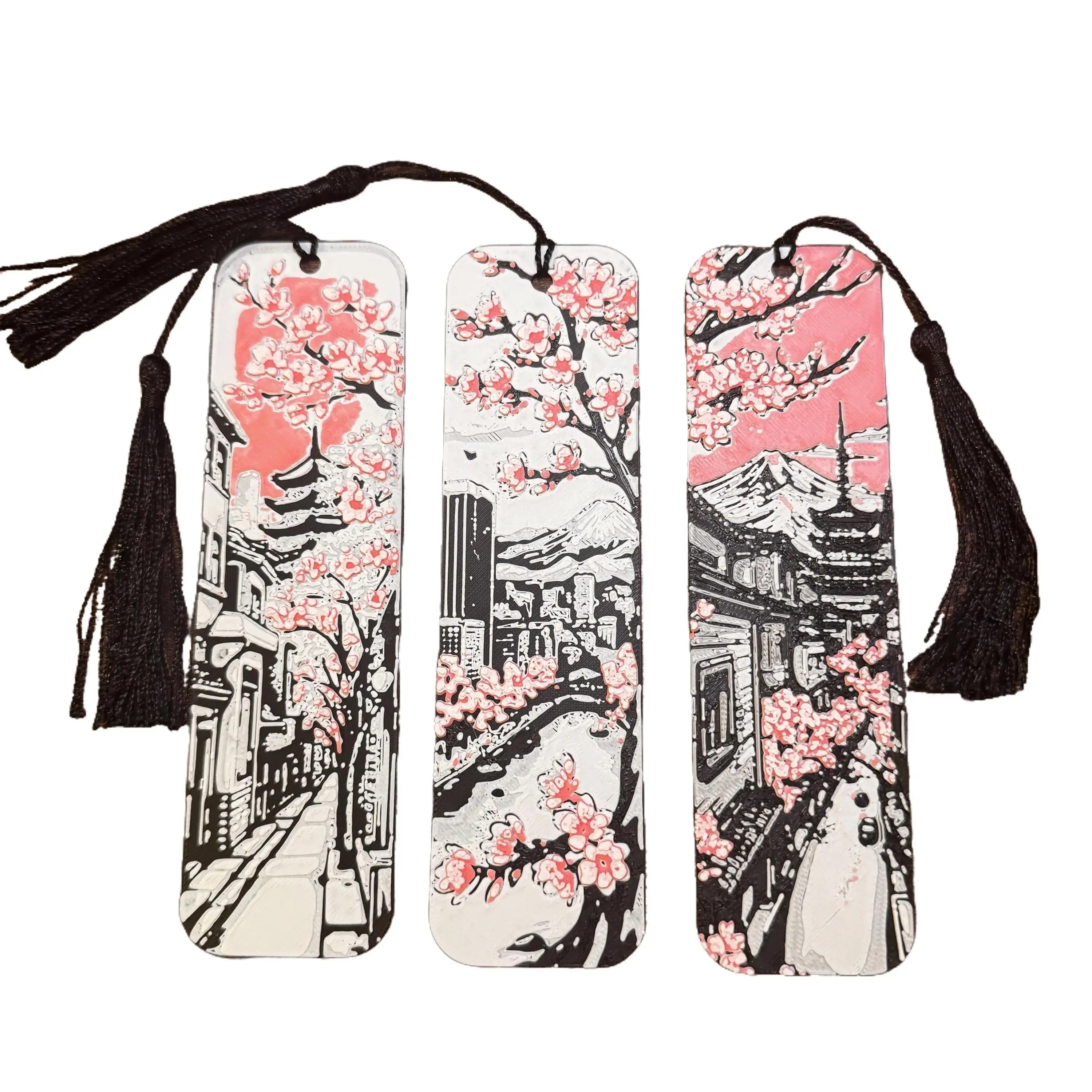 Cherry Blossom Bookmark Set - Pink Blossoms on Black & White Japanese-Inspired Design, 3D Printed, Elegant Bookmarks with Black Tassel