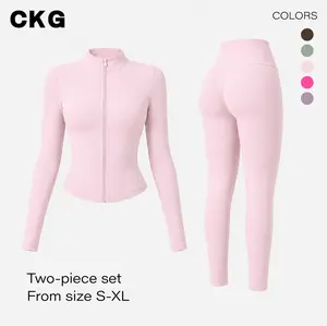CKG Women’s 2-Piece Stretchy Suit Set, Zip-Up Long Sleeve Workout Jacket & High-Waist Leggings, Soft Sporty Style Outfits, Training Clothes for Gym, Yoga Gym Outfits