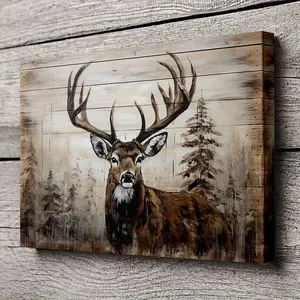 1 Piece Framed Canvas Wall Art - Country Style Deer Head with Majestic Antlers and Forest Scene Painting, Dark Brown/Black Wooden Frame, Earth Tones, Ready to Hang for Cabin, Home Office, Christmas Decoration - Traditional Modern Farmhouse Style Deer Wall
