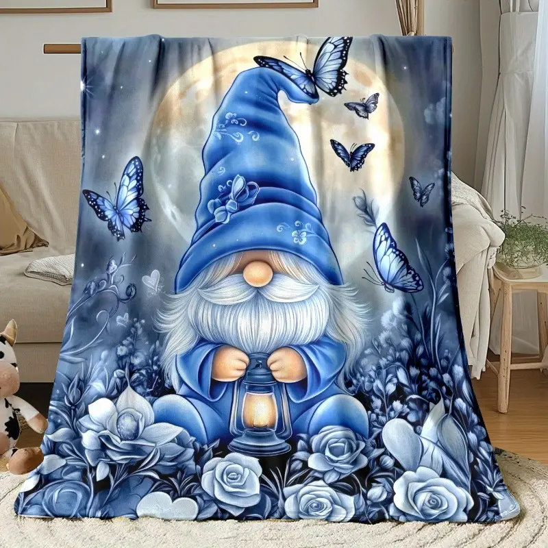 Blue Gnome and Butterfly Digital Print Flannel Throw Blanket - Lightweight, Soft, Warm, All-Season - 30x40,40x50,50x60,60x80 Sizes - Hand or Machine Washable for Sofa, Outdoor, Living Room