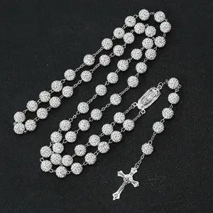 Vintage Rhinestone Silver Rosary Necklace