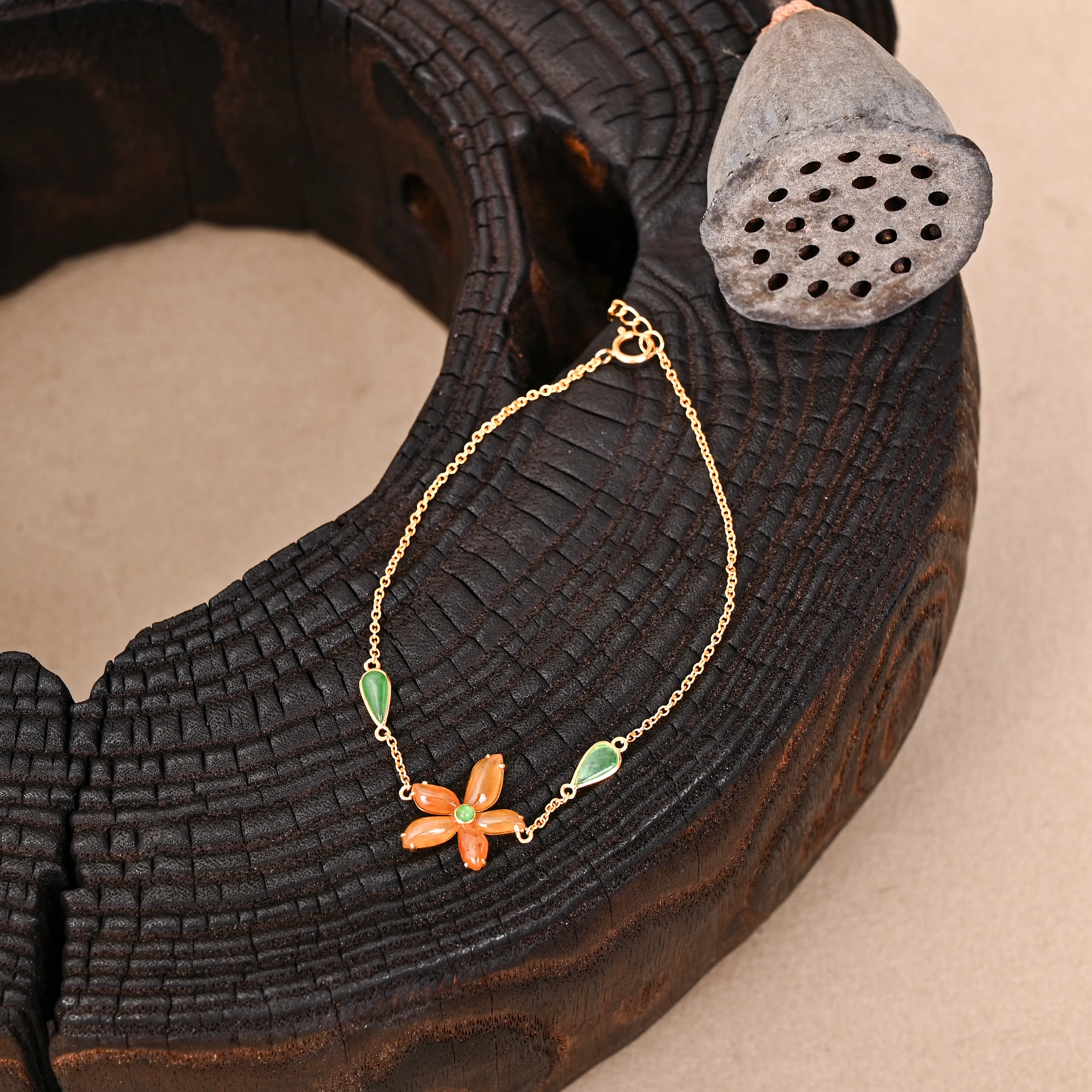 14K Gold Type A Burmese Flora of the Ancients Jade Bracelet– Carved 5-Petal Blossom & Bezel Teardrop Leaf Link Chain
