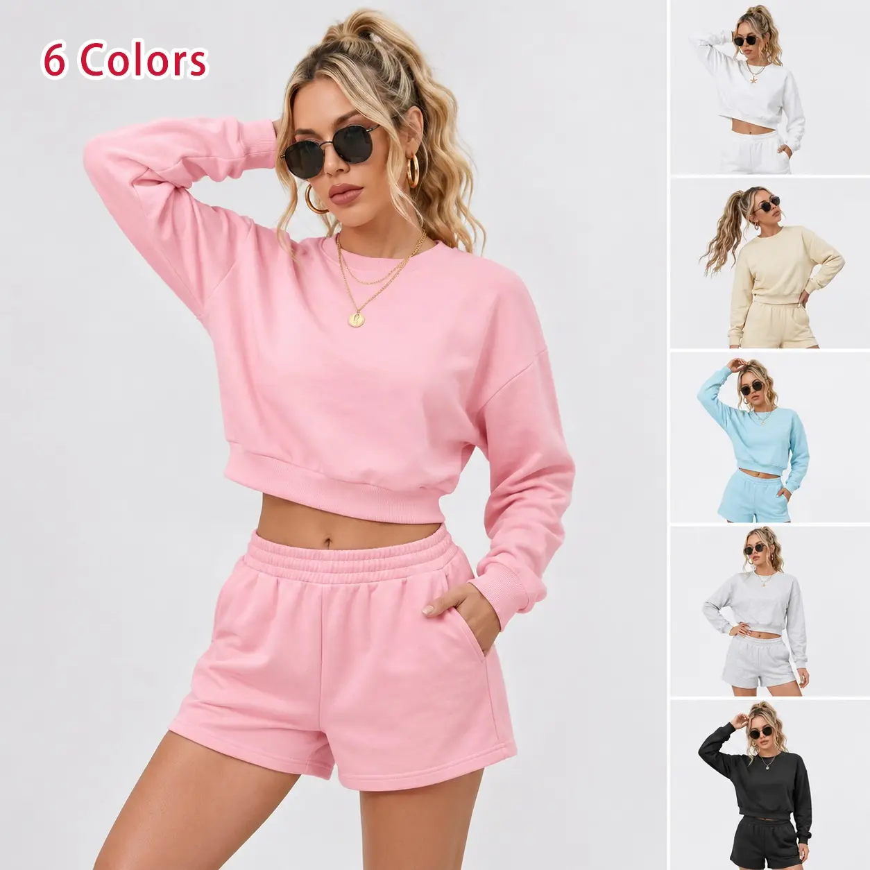 Women’s Casual Long Sleeve Sweatshirt and Shorts Set, Relaxed Two-Piece Lounge Outfit with Crew Neck Pullover and Drawstring Shorts for Spring, Summer and Fall