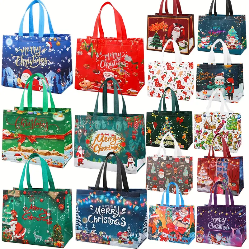 16/32Pcs Christmas Bags 16 Festive Styles Reusable Holiday Tote Bags for Gifts Party Favors Premium Non-Woven Fabric Versatile Christmas Decorations Wedding Souvenirs Large Capacity Festive Designs Shopping Christmas Surprise Xmas Party Supplies