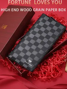Men's Crocodile Pattern Genuine Leather Wallet, Checkered Wallet, Fashion Long Purse, Casual Business Multi-Card Holder, Large Capacity Chinese Style