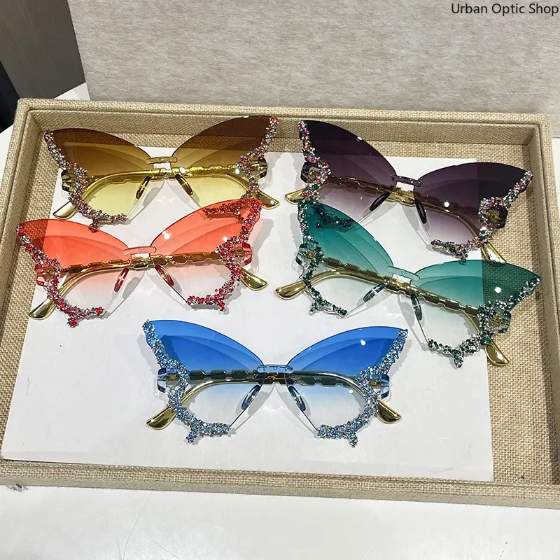 Women's Semi-Rimless Butterfly Cat Eye Sunglasses - Oversized Small Ellipse PA Plastic Frame, Trendy Blue Light Blocking Natural Lens Shades for Party & Daily Wear, Womens Sunglasses, Butterfly Women's Sunglasses