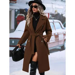Women's 2025 Fall/Winter Over-the-Knee Trench Coat Double-Breasted Belted Design Solid Color Multiple Sizes S-XXL Ideal for Casual & Formal Outings European-American Style Warm Outerwear - Womenswear