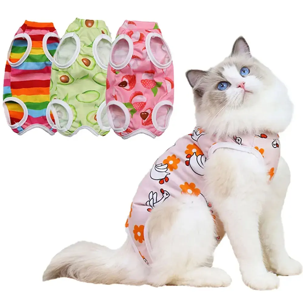 Stylish Polyester Striped Pet Anti-Licking Vest Suit, High-Elastic Full Coverage Dog & Cat Care Clothes for Post-Surgery Healing & Weaning Kittens