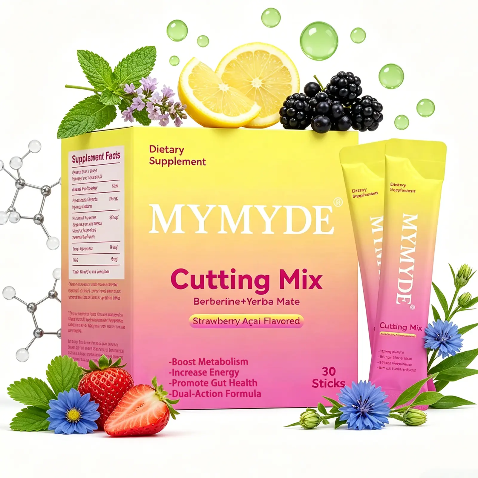 MYMYDE Mezcla para Definición Corporal - Berberina + Yerba Mate para Objetivos de Gimnasio, Metabolismo y Energía, 30 Sobres de Bebida