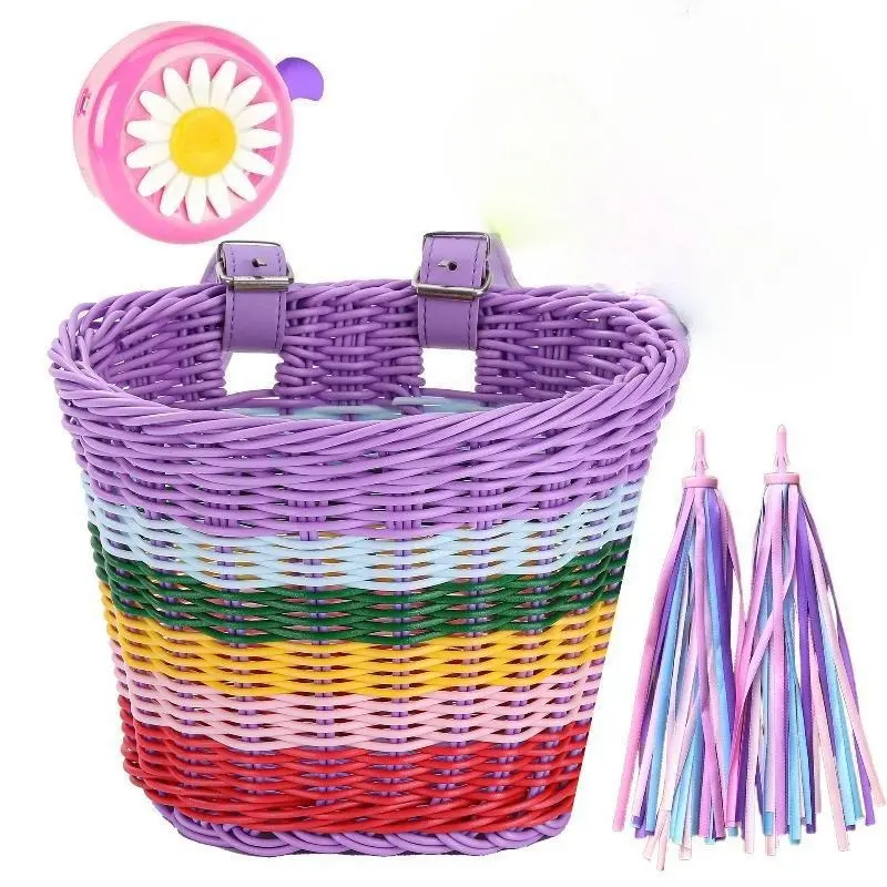Unisex Youth Wicker Kids Bicycle Front Handlebar Basket - Water Resistant Bike Accessory Kit with Firm Strap Hold, Adjustable Faux Leather Trim, Tassels, Streamers, Bell, Windmill, Wheel Beads, Stickers for DIY Bike/Scooter Decoration, 21cm, Medium Size,,