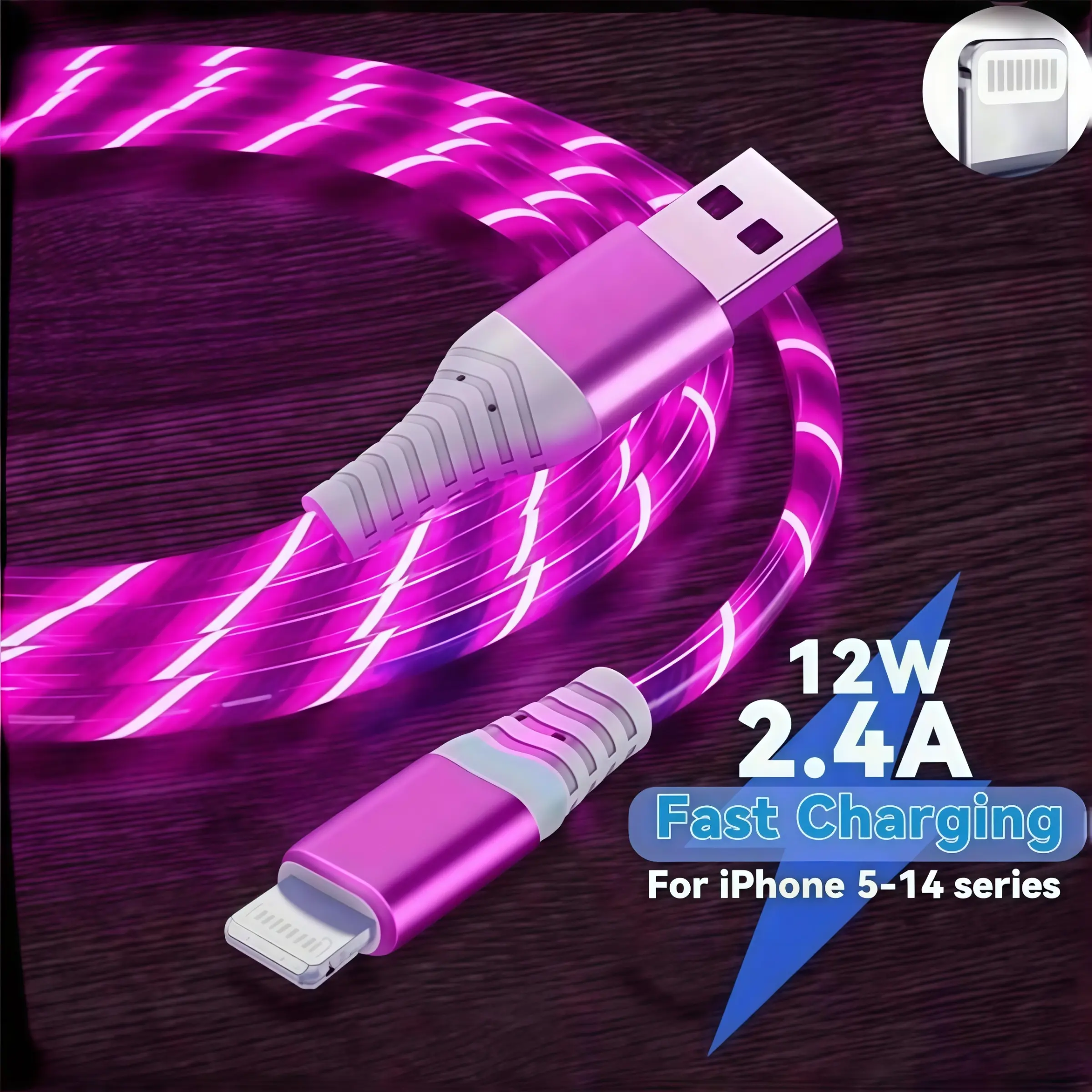 Led-lit fast charging cable -for iphone, braided and durable USB to Lightning, compatible with iPhone 14/13/12/11/10 series - perfect for home, office and travel use Fast Charging Cords Super Fast Charger