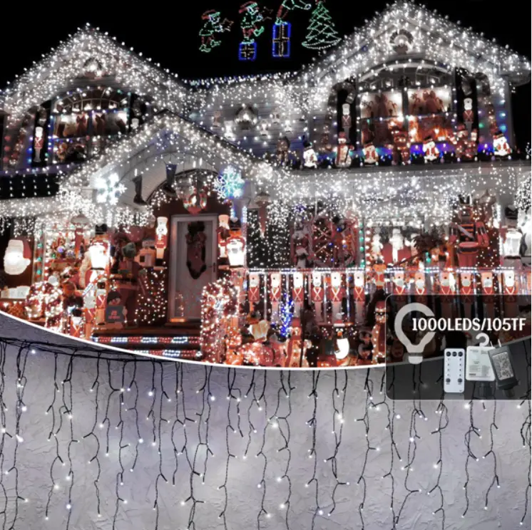105ft Outdoor Christmas Lights 1000 LED 8 Modes Waterproof Timer Memory Curtain Fairy Lights for Holiday Wedding Party Decorations with 50 Drops Plug-in UL588 Listed IP44