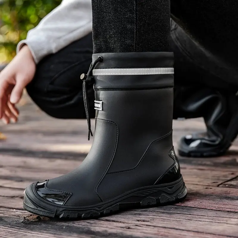 Men’s Mid-Calf Stylish Black Waterproof Rain Boots, Adjustable Drawstring Reflective Top Seal, Heavy Duty Anti-Slip Rubber Mud Work Boots for Outdoor Daily Use
