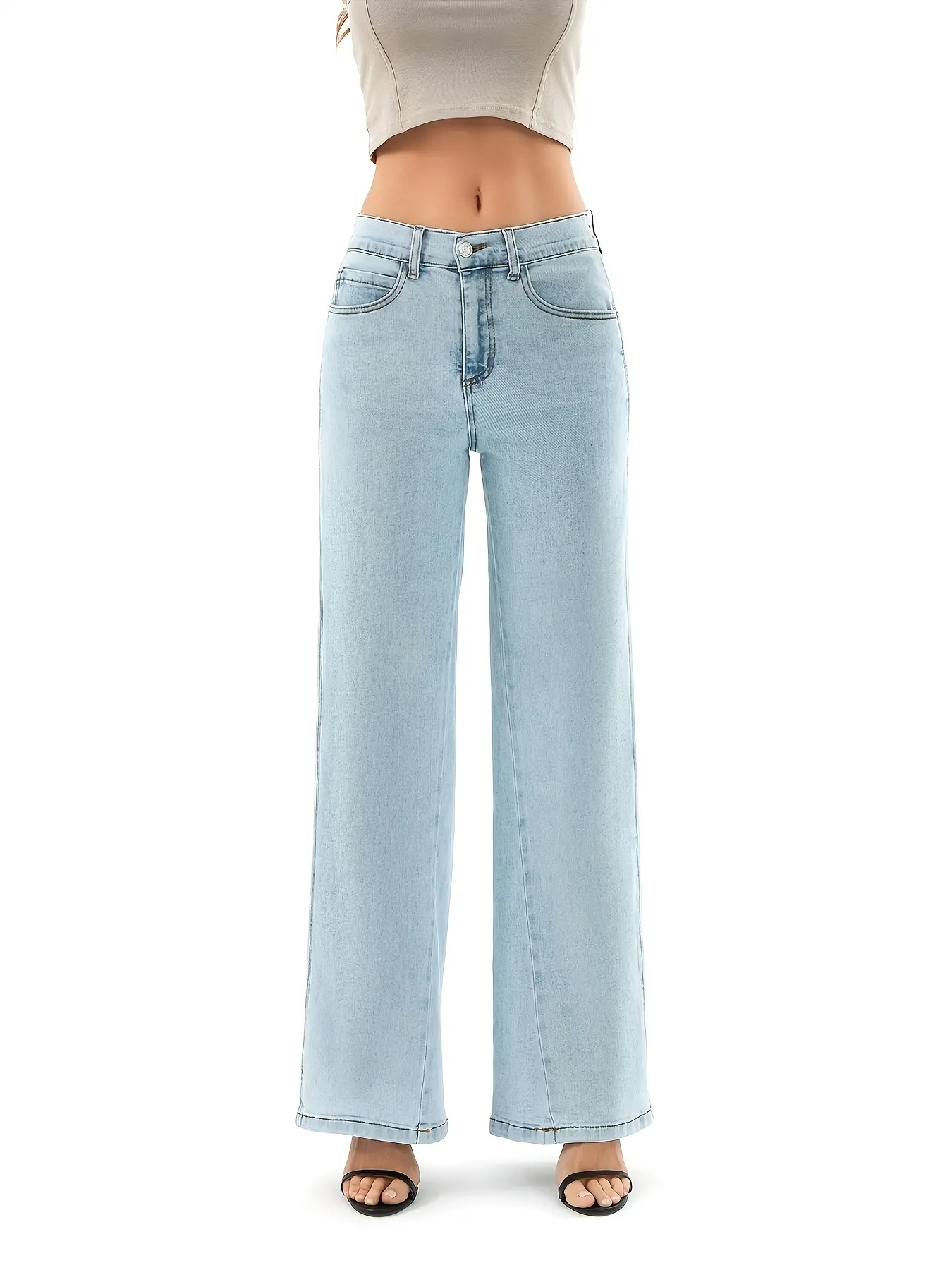 Women's High-Waist Fashion Cotton Jeans - Straight-Leg, Elastic, Button & Zipper Closure, Loose Fit, All-Season Comfort, Casual Denim Pants, Buttons