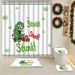 Christmas Tree Pattern Shower Curtain Set, Waterproof Bathroom Curtain, Includes Hooks, Bath Mat, Toilet Lid Cover, U-Shaped Tray, Perfect Gift for Friends & Family