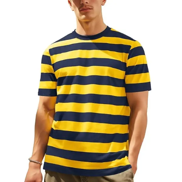 Men's Casual Cotton Striped Short-Sleeve Round Neck T-Shirt, Menswear Jersey with Yarn Fabric, Versatile for Pairing with Jeans
