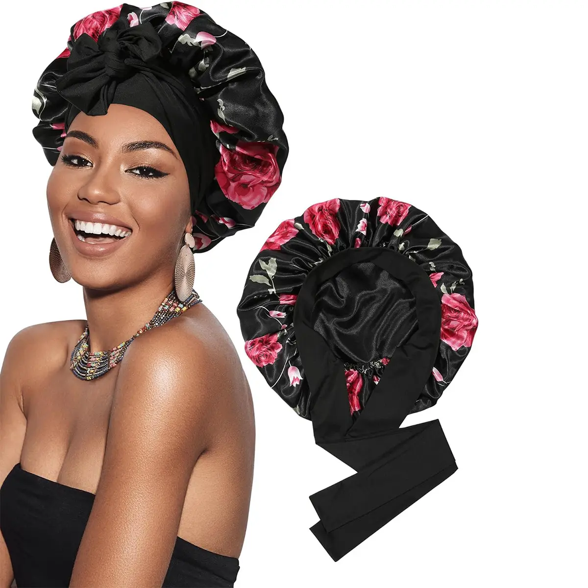 Satin Bonnet Bonnet for Sleeping Sleep Cap Double Layer Hair Bonnet with Elastic Tie Band for Curly Hair Night Cap