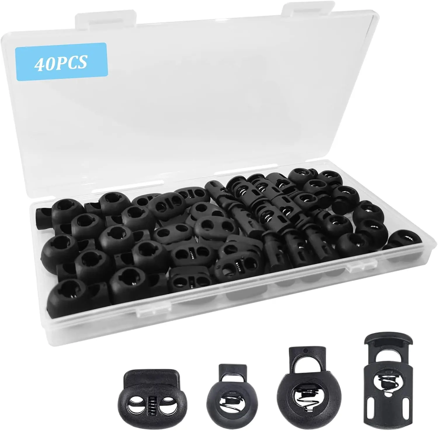 40Pcs Cord Lock, Plastic Cord Locks for Drawstrings, Black Spring Toggle Stopper with 4 Sizes, Elastic Cord Adjuster Shoelace Fastener Lock for Drawstring, Paracord, Shoelaces, Clothing and Bags