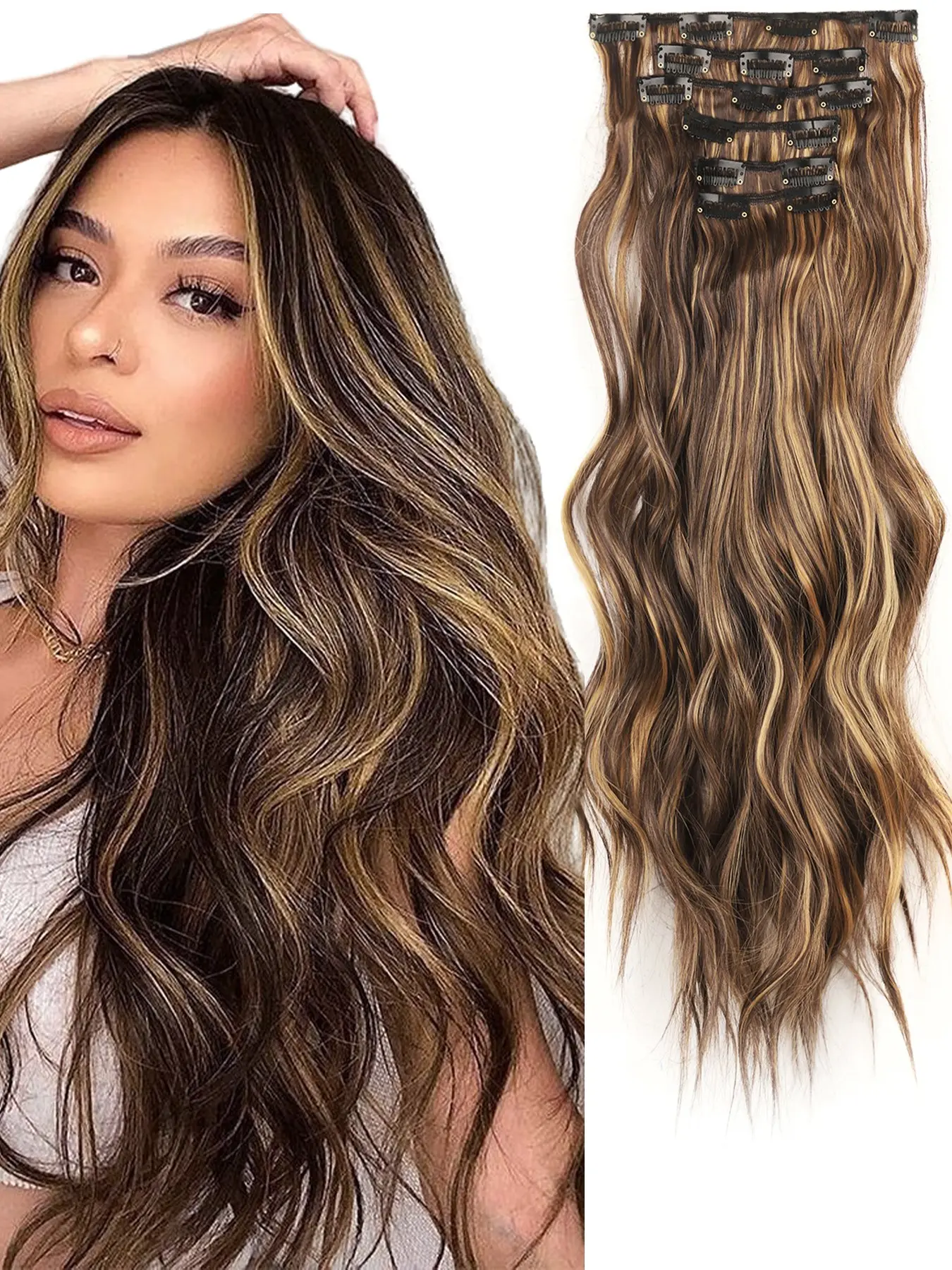 6-Piece Natural Wave Long Hair Extensions, Clip-In Hair Clips, Invisible Hair Clamps, 24 Inch Loose Wavy Synthetic Hairpieces for Women