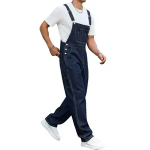 Men's Dark Wash 100% Cotton Denim Overalls, Menswear Loose Wide Leg Workwear Jumpsuit with Adjustable Strapping, Multi-Pocket Casual Overalls, Bib Design Streetwear Cargo Style
