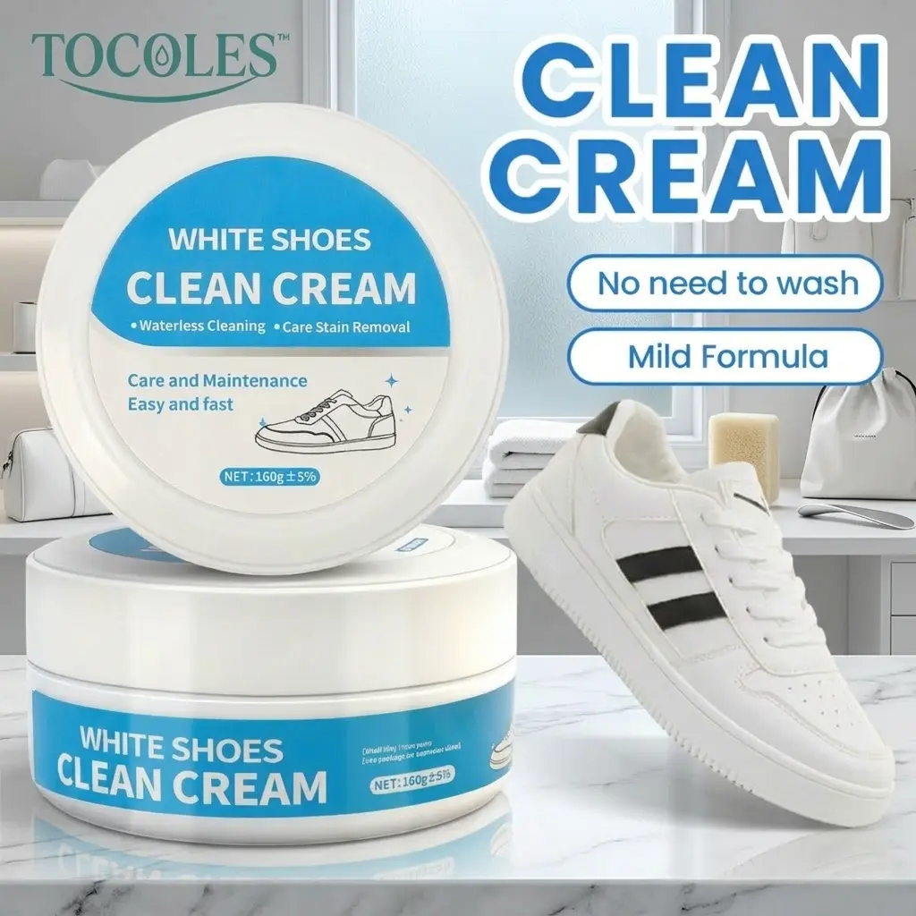No-Wash Solid White Shoe Cleaner Cream (160g) - Multipurpose Stain-Removing Formula with Sponge, Gentle, Non-Irritating, Eco-Friendly for Sports Footwear Leather & Silicone Car Interiors Pedals
