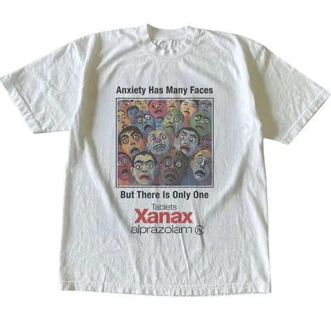Xanax Anxiety Has Many Faces Seamless T-Shirt, Y2k Promo Funny Shirt, Promo Tee, Gifts Shirt, Unisex Vintage Graphic Tees Gothic Grunge Y2k Emo Scene Amity Affliction Style Clothes Men Women Streetwear