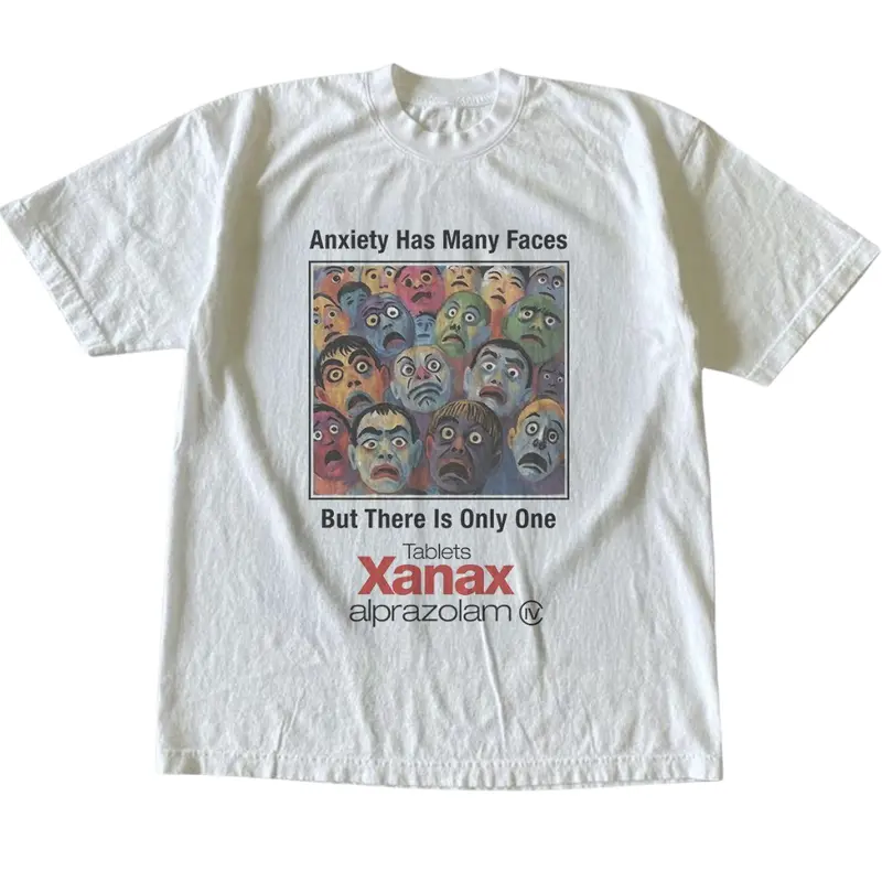 Xanax Anxiety Has Many Faces Seamless T-Shirt, Y2k Promo Funny Shirt, Promo Tee, Gifts Shirt, Unisex Vintage Graphic Tees Gothic Grunge Y2k Emo Scene Amity Affliction Style Clothes Men Women Streetwear